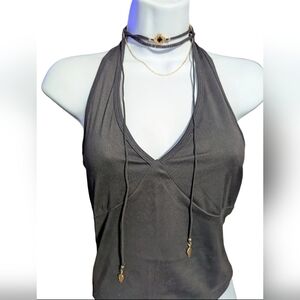 AO9 Black Gold Toned Leaf Pendant Rhinestone Long Dangle Choker Necklace